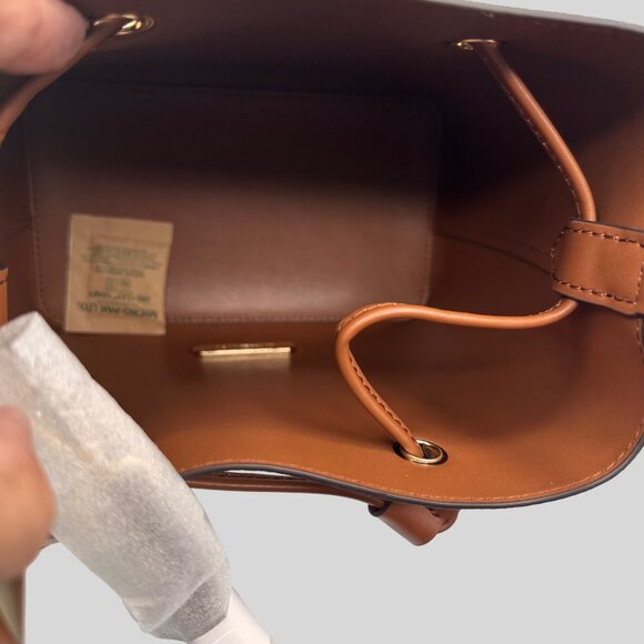 Michael Kors Small Drawstring Bucket Bag Vanilla/Brown Canvas Leather Logo - Picture 13 of 14